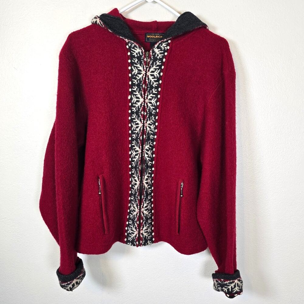 Vintage Woolrich 100% Wool Sweater Jacket Women's XL Ruby Red Nordic Fair Isle